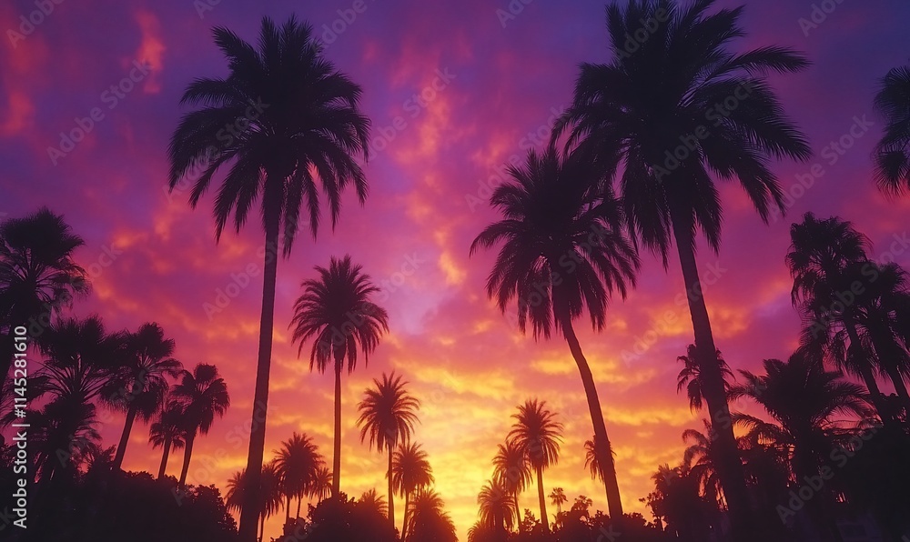 A vibrant sunset silhouette with palm trees against a colorful sky. A vibrant sunset silhouette with palm trees against a colorful sky.