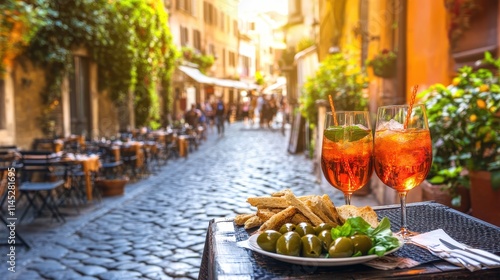 Fototapeta Naklejka Na Ścianę i Meble -  A chilled glass of Aperol Spritz on a sunny terrace in Italy, with a plate of olives and breadsticks on the table. The view overlooks a charming cobblestone street bustling with locals and tourists. 