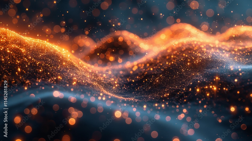 Abstract glowing particles forming wavy landscape, dark background, orange and blue hues. Abstract glowing particles forming wavy landscape, dark background, orange and blue hues.