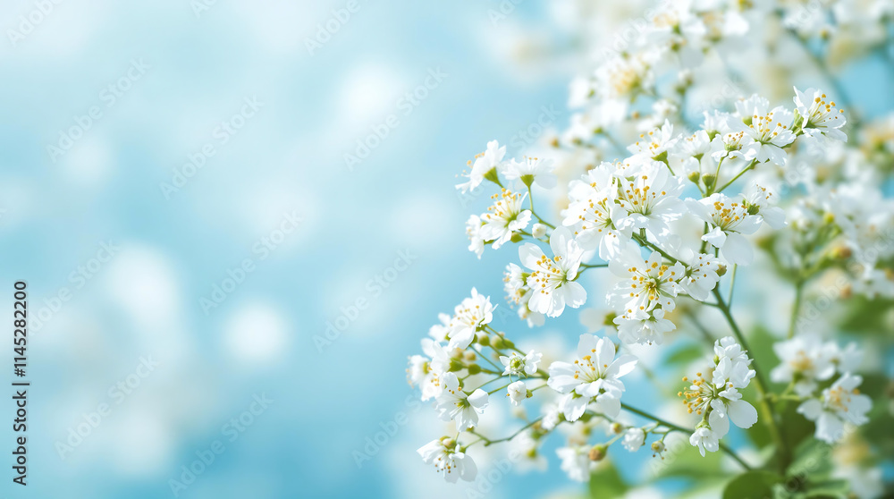 Close-up of delicate white flowers, possibly Prunus padus or Baby's-breath, against a soft, blurred, light blue background. Ideal for spring, nature, floral, or wedding themes. Close-up of delicate white flowers, possibly Prunus padus or Baby's-breath, against a soft, blurred, light blue background. Ideal for spring, nature, floral, or wedding themes.