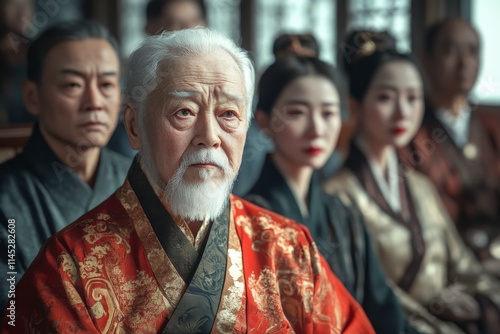 Traditional Asian Gathering with Elderly Man in Red Robe Surrounded by Attentive Attendees in Rich Historical Costumes photo