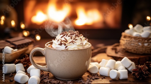 Wallpaper Mural A cozy hot chocolate setup with a steaming mug topped with whipped cream and chocolate shavings, surrounded by marshmallows and a lit fireplace in the background. The scene radiates warmth and  Torontodigital.ca
