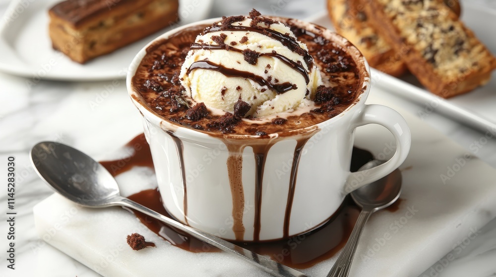 A cup of rich, creamy affogato served with a scoop of vanilla gelato and a shot of hot espresso poured over it, placed on a marble counter next to a spoon and a small biscotti. A cup of rich, creamy affogato served with a scoop of vanilla gelato and a shot of hot espresso poured over it, placed on a marble counter next to a spoon and a small biscotti.