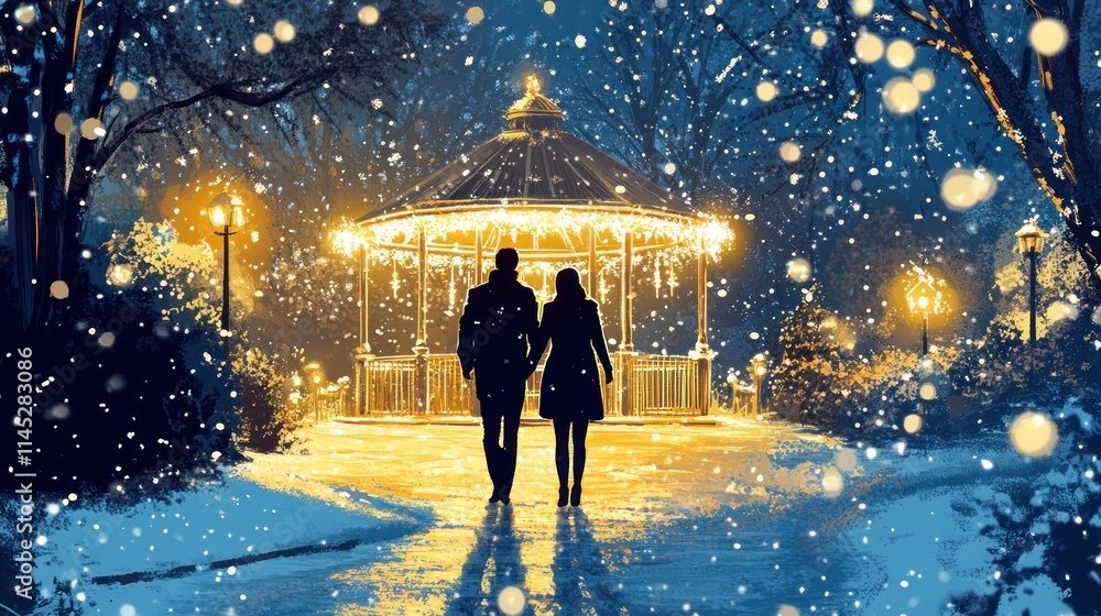 Couple holding hands, walking towards a snow-covered gazebo in a winter park at night. Couple holding hands, walking towards a snow-covered gazebo in a winter park at night.