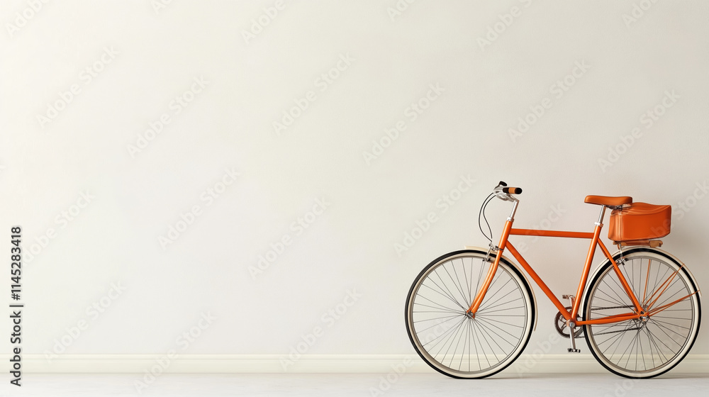 Fototapeta premium Bright orange bicycle parked against a minimalist white wall in a stylish indoor space