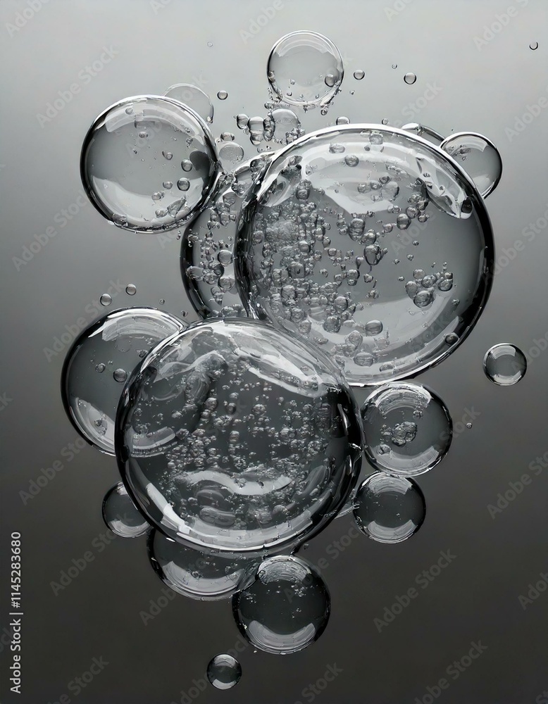 Abstract 3D render of floating liquid transparent bubbles that collide with each other over grey background