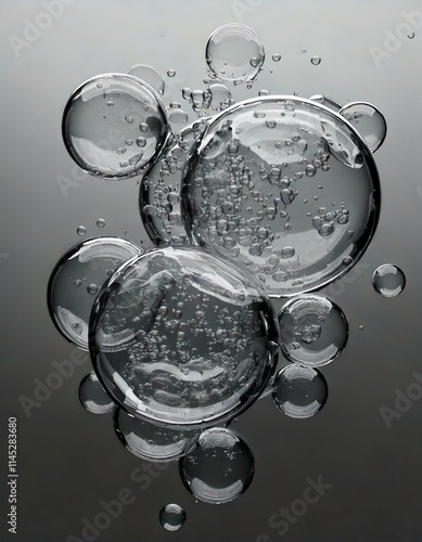 Obraz na płótnie Abstract 3D render of floating liquid transparent bubbles that collide with each other over grey background w salonie