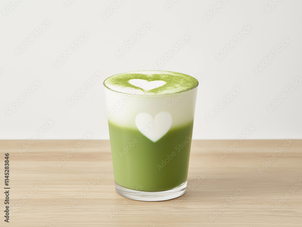 Matcha latte in clear glass cup with green tea and white foam layers, heart design, on wooden surface, minimalist style, natural daylight, green, white, and wood tones, high detail for commercial use. Matcha latte in clear glass cup with green tea and white foam layers, heart design, on wooden surface, minimalist style, natural daylight, green, white, and wood tones, high detail for commercial use.