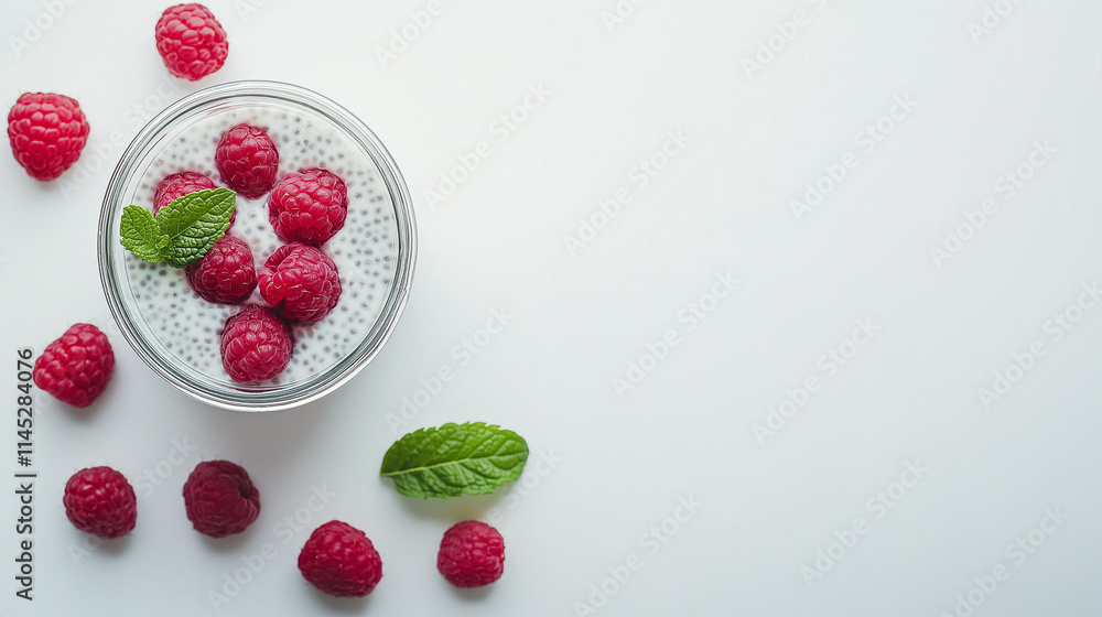 Chia pudding with coconut cream, raspberries, and mint in clear glass jar, minimalist style, bright lighting, light and uplifting mood, red, white, and green accents, high clarity for marketing. Chia pudding with coconut cream, raspberries, and mint in clear glass jar, minimalist style, bright lighting, light and uplifting mood, red, white, and green accents, high clarity for marketing.