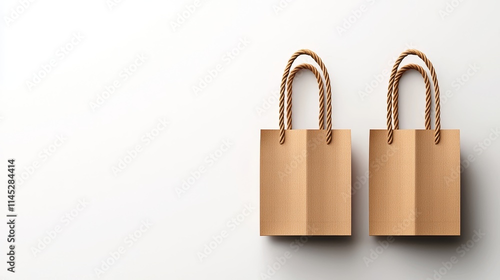 Realistic texture, brown paper bags with twisted handles, floating view, crisp white background Realistic texture, brown paper bags with twisted handles, floating view, crisp white background