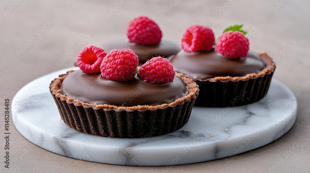 Three chocolate tarts topped with fresh raspberries on a marble board. Three chocolate tarts topped with fresh raspberries on a marble board.