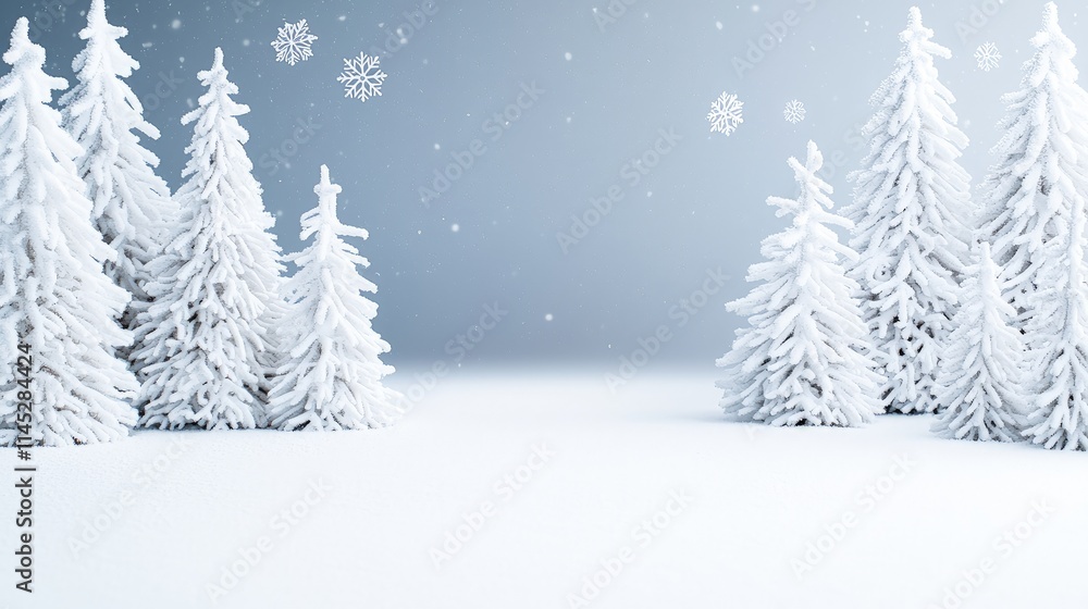 Obraz premium Minimalist winter landscape background featuring snowy pine trees and falling snowflakes under a soft blue sky.