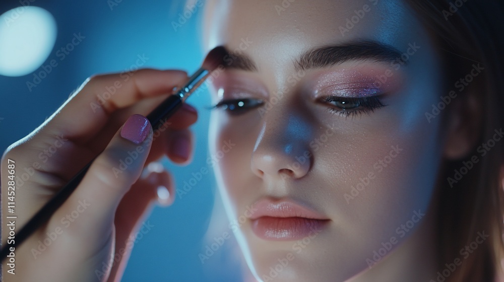 Close-up of a makeup application on a young woman's face. Close-up of a makeup application on a young woman's face.