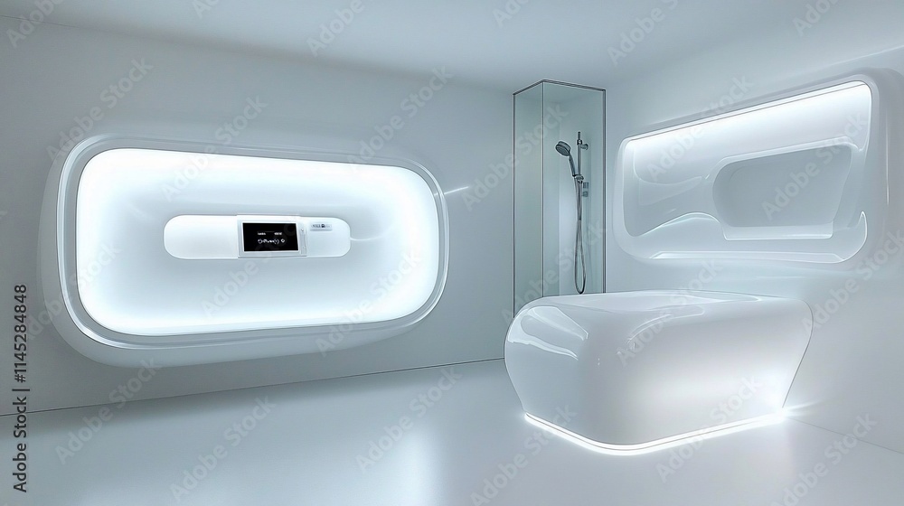 Futuristic minimalist bathroom with sleek white fixtures and ambient lighting. Futuristic minimalist bathroom with sleek white fixtures and ambient lighting.