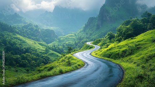 Winding Road Through Lush Green Mountain Valley