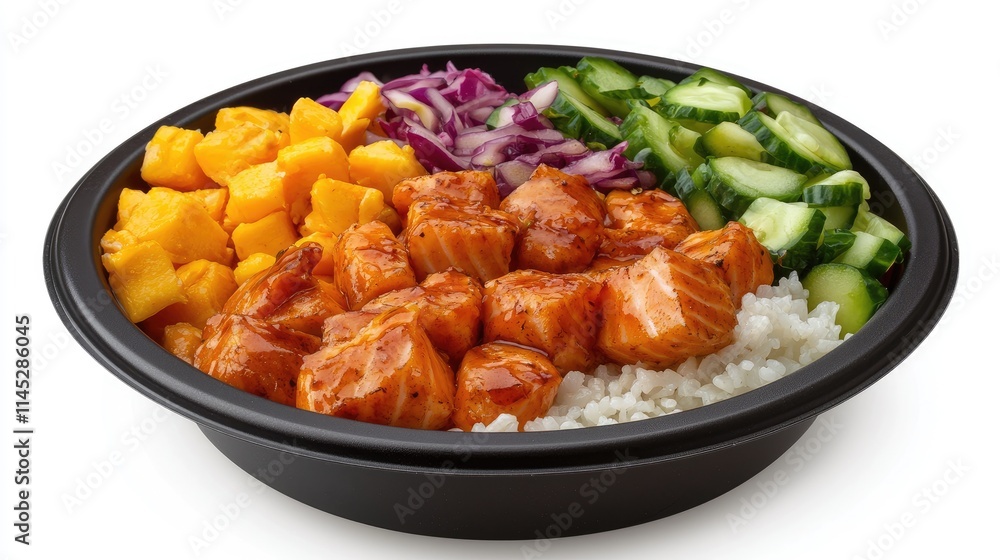 Delicious salmon bowl with fresh vegetables restaurant food photography clean background top-down view healthy eating Delicious salmon bowl with fresh vegetables restaurant food photography clean background top-down view healthy eating