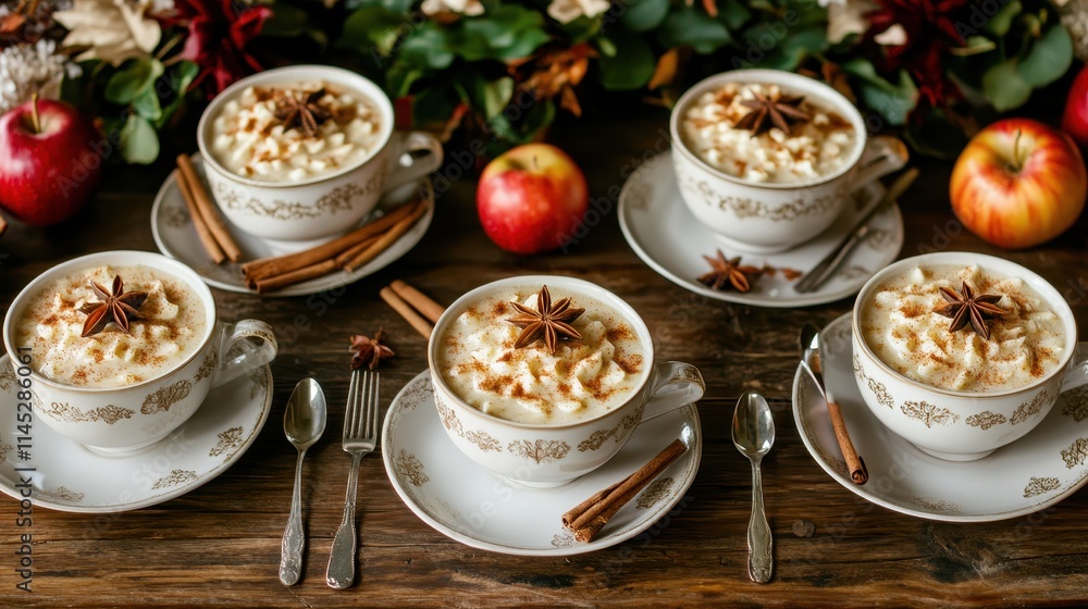 A rustic wooden table set with mugs of hot apple cider, garnished with cinnamon sticks and star anise. Nearby, a pile of freshly picked apples and an autumn wreath enhance the seasonal mood. A rustic wooden table set with mugs of hot apple cider, garnished with cinnamon sticks and star anise. Nearby, a pile of freshly picked apples and an autumn wreath enhance the seasonal mood.