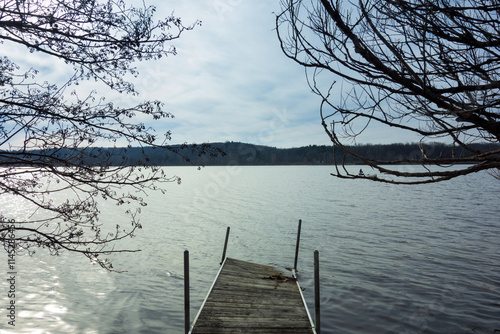 A broken dock on the Huron River in winter, Ann Arbor, Michigan
