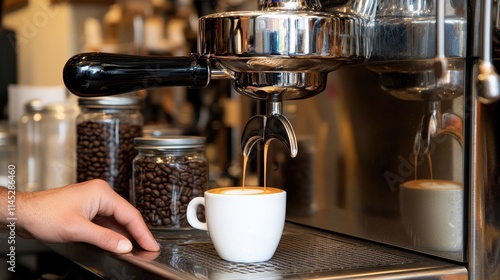 A sleek espresso machine pulling a perfect shot, with rich crema forming in the small white cup. The barista’s hand is ready to serve the cup, surrounded by jars of coffee beans and polished 