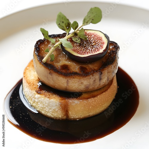 Pan-seared foie gras with fig and balsamic glaze on toasted bread. photo