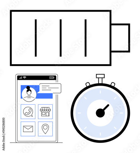 Battery symbol smartphone with multiple icons and stopwatch. Ideal for efficiency, productivity, time management, connectivity, technology, apps, power management. Line metaphor