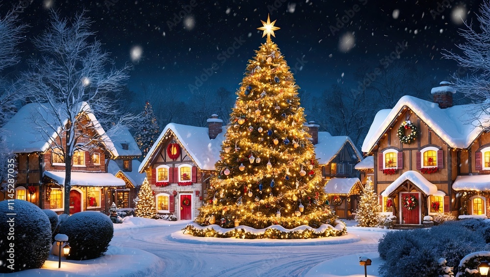 Picturesque winter village scene at night in christmas vibes with tree and decoration Picturesque winter village scene at night in christmas vibes with tree and decoration