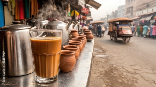 Fototapeta Naklejka Na Ścianę i Meble -  A steaming glass of masala chai served in a roadside tea stall in India, with stainless steel kettles and small clay cups lined up on the counter. In the background, a bustling street scene 