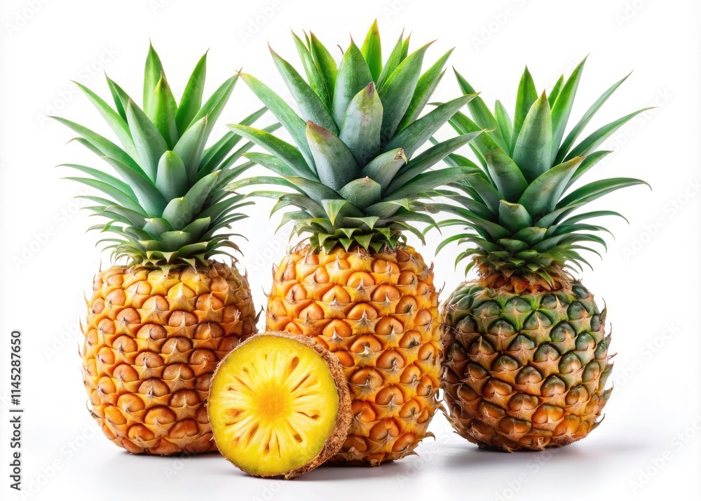 Freshly cut pineapple half against a pure white backdrop. Ideal for food blogs, recipes, and tropical themes. Freshly cut pineapple half against a pure white backdrop. Ideal for food blogs, recipes, and tropical themes.