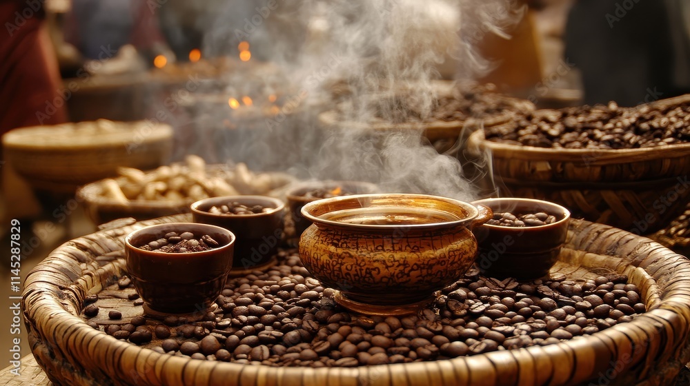 A traditional Ethiopian coffee ceremony setup, featuring a jebena coffee pot, small cups, and a tray of roasted coffee beans. The setting includes soft incense smoke curling in the air and woven A traditional Ethiopian coffee ceremony setup, featuring a jebena coffee pot, small cups, and a tray of roasted coffee beans. The setting includes soft incense smoke curling in the air and woven