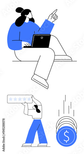 Professional working on a laptop with an upward direction gesture, customer rating review, and falling coins with dollar sign. Ideal for marketing, business growth, online feedback, financial