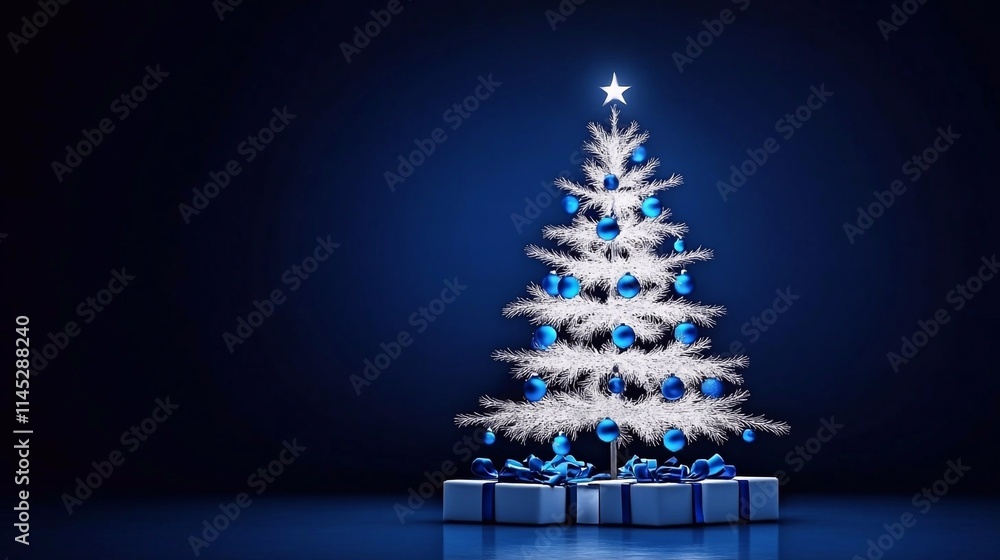Elegant white Christmas tree with blue ornaments and gifts illuminated against a dark background Elegant white Christmas tree with blue ornaments and gifts illuminated against a dark background