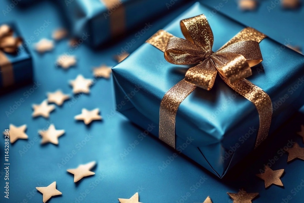 Beautifully wrapped blue gift box with golden ribbon and scattered gold stars on a blue background creates a festive atmosphere Beautifully wrapped blue gift box with golden ribbon and scattered gold stars on a blue background creates a festive atmosphere