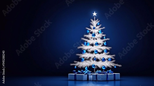 Wallpaper Mural Elegant white Christmas tree with blue ornaments and gifts illuminated against a dark background Torontodigital.ca