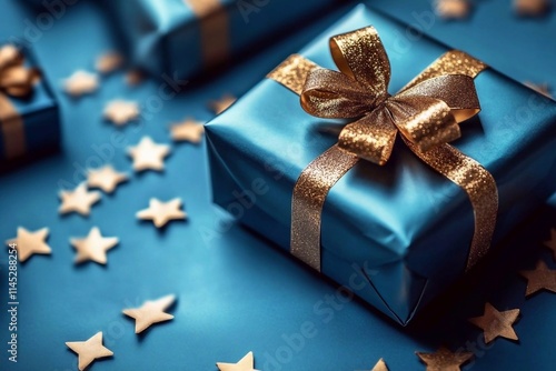 Beautifully wrapped blue gift box with golden ribbon and scattered gold stars on a blue background creates a festive atmosphere