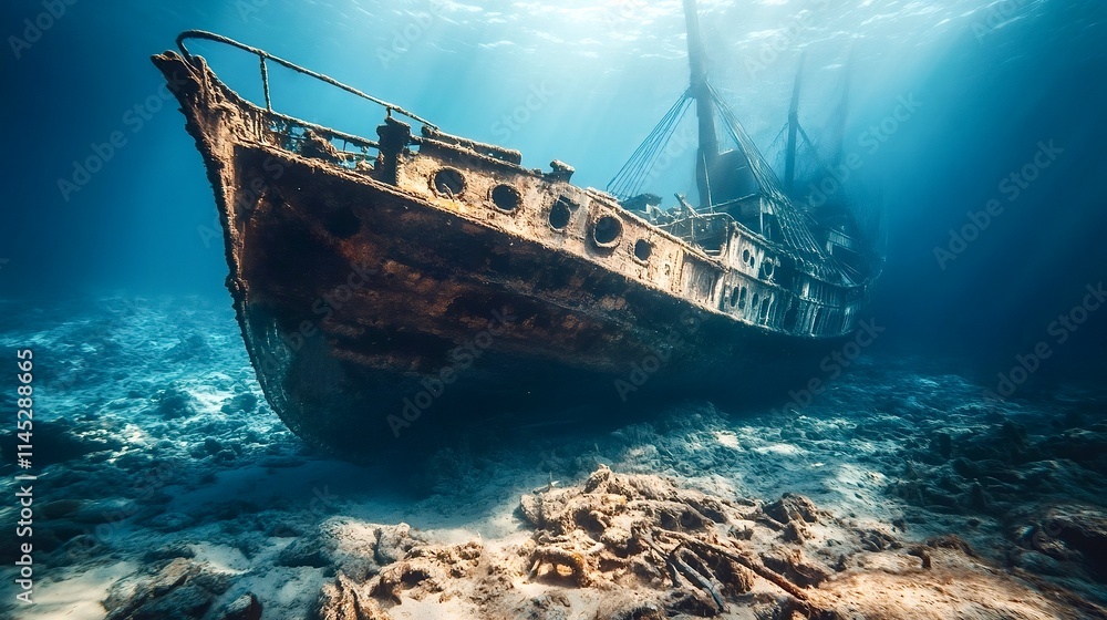 Sunken shipwreck lying on the ocean floor with rusty hull and broken mast Sunken shipwreck lying on the ocean floor with rusty hull and broken mast
