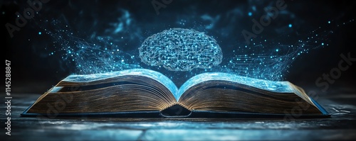 A futuristic open book emitting holographic visuals of a brain, circuits, and abstract patterns, symbolizing imagination and success in digital education photo