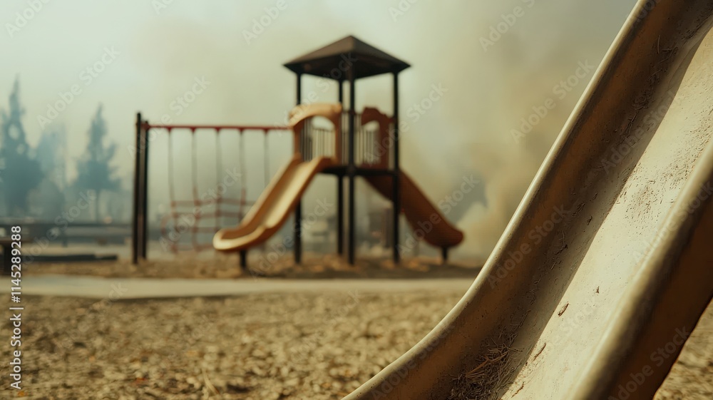 A desolate playground stands amid smoke, depicting a stark contrast between childhood joy and the looming threat of fire. A desolate playground stands amid smoke, depicting a stark contrast between childhood joy and the looming threat of fire.