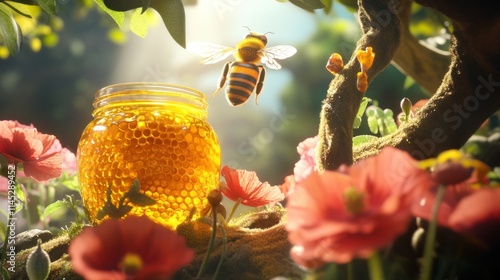 Honeycomb jar with bee in sunny garden.