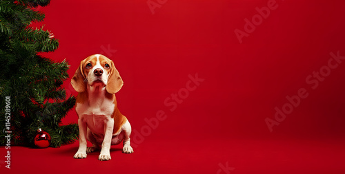 A cute little dog wearing Christmas and a hat photo