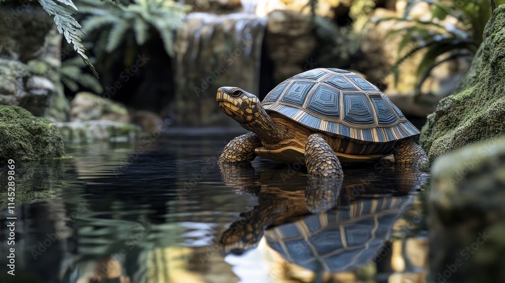 Obraz premium Tortoise in a tranquil pond, surrounded by lush greenery and a miniature waterfall.