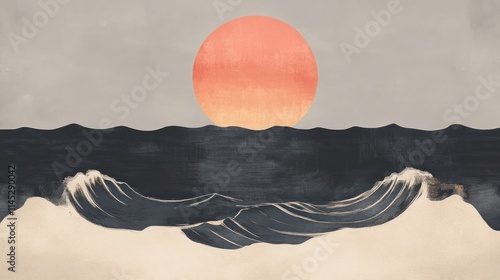 Minimalist ocean sunset art print with dark waves and a large orange sun.