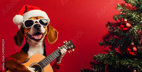 A cute little dog wearing Christmas and a hat photo