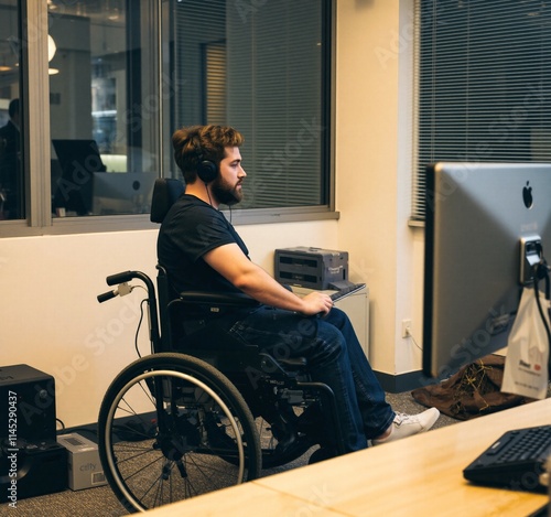 young man with physical disability sitting in wheelchair in front of computer