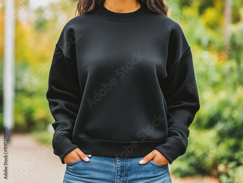 A woman in a black sweatshirt stands confidently outdoors, enjoying a casual stroll in a serene environment. photo