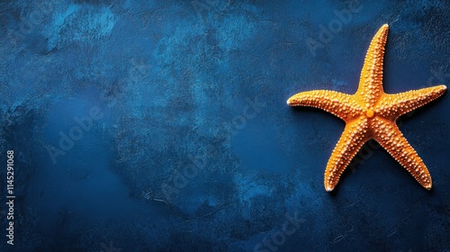 Vibrant Orange Starfish on Deep Blue Background with Textured Surface Perfect for Ocean and Beach Themes, Nature Illustrations, Marine Life or Wallpaper Use photo