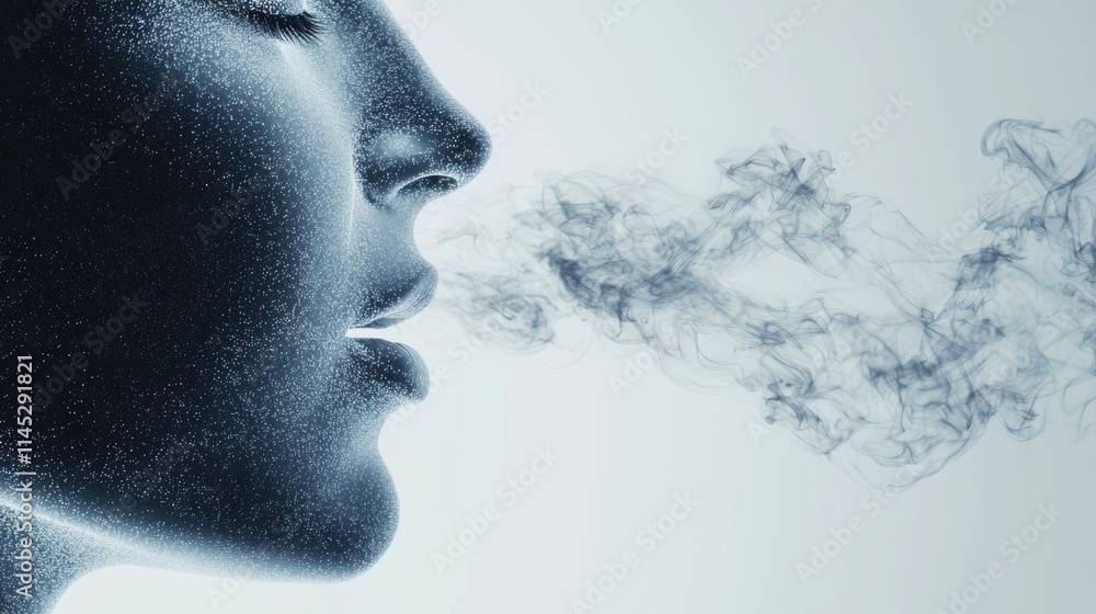 A serene profile of a person exhaling mist, creating an ethereal, dreamy atmosphere with soft smoke-like wisps. A serene profile of a person exhaling mist, creating an ethereal, dreamy atmosphere with soft smoke-like wisps.
