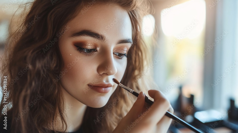 A young woman applying makeup with a brush in a bright setting. A young woman applying makeup with a brush in a bright setting.