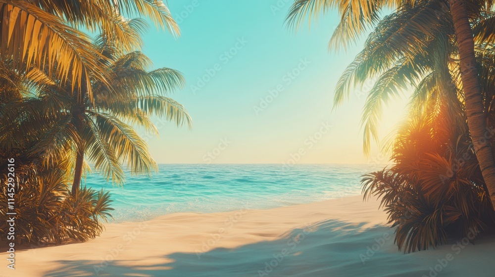 Naklejka premium Playa tropical con palmeras y océano