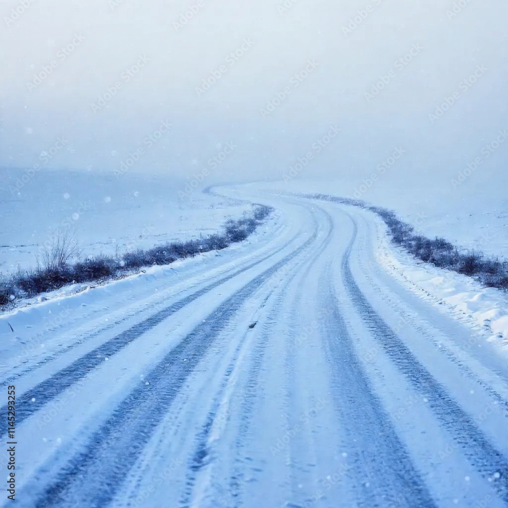 Obraz premium Winter landscape, road, fabulous winter landscape with track during snowfall