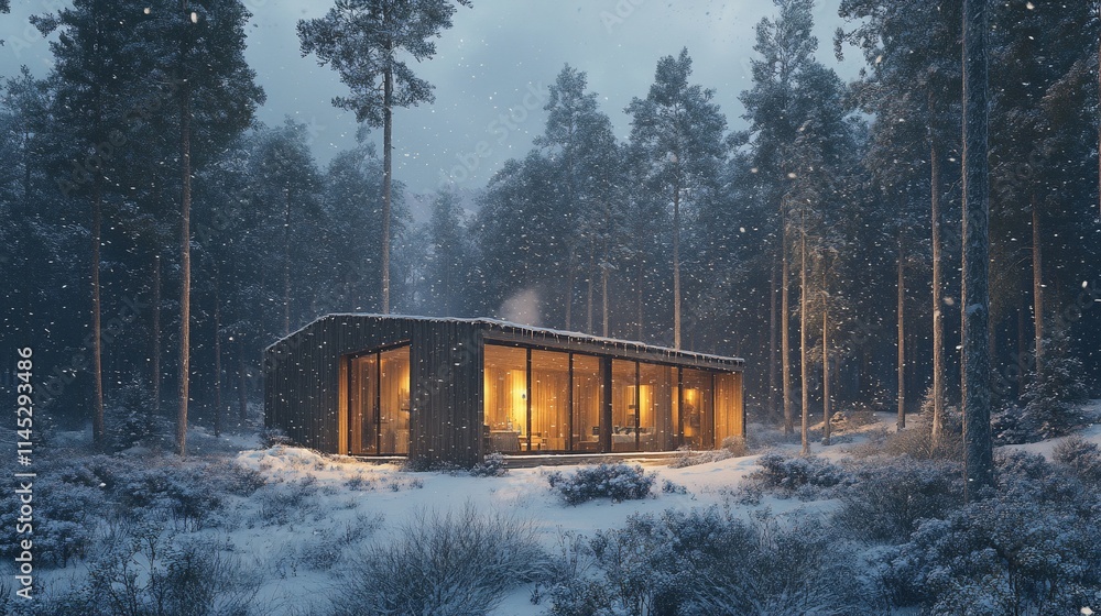 Cozy modern cabin in snowy forest at dusk. Cozy modern cabin in snowy forest at dusk.